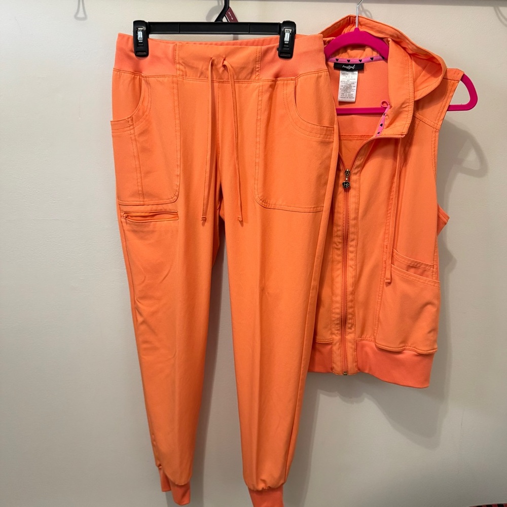 HeartSoul Vibrant Orange Jogger and Vest Scrub Set